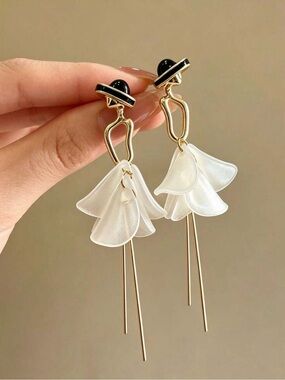 Gold Floral Drop Earrings with Black and White Accents